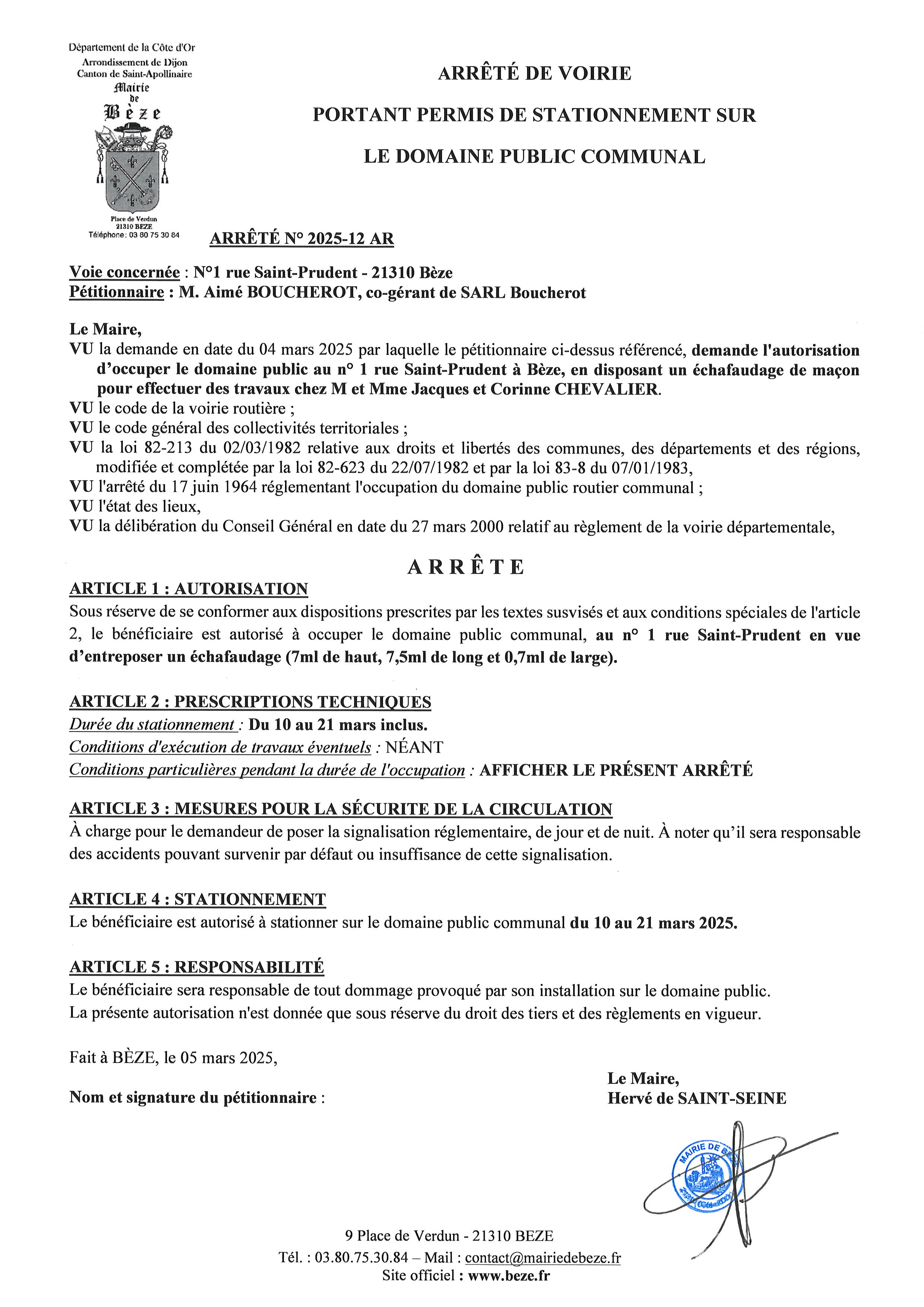 2025 12 AR Arrêté doccupation du domaine public 1 rue St Prudent CHEVALIER Jacques